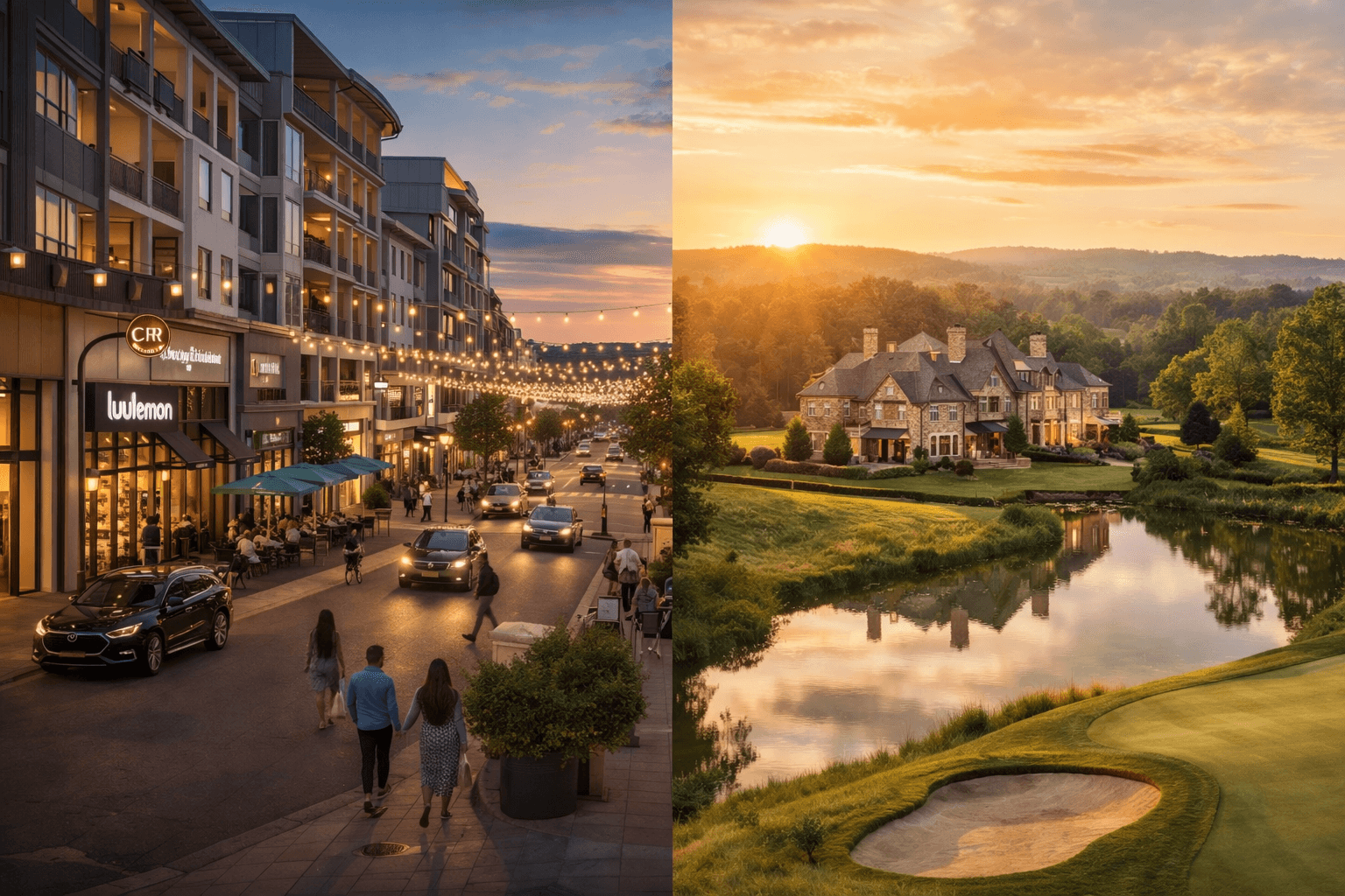 North Atlanta relocation guide hero — walkable downtown alongside luxury estate at sunset