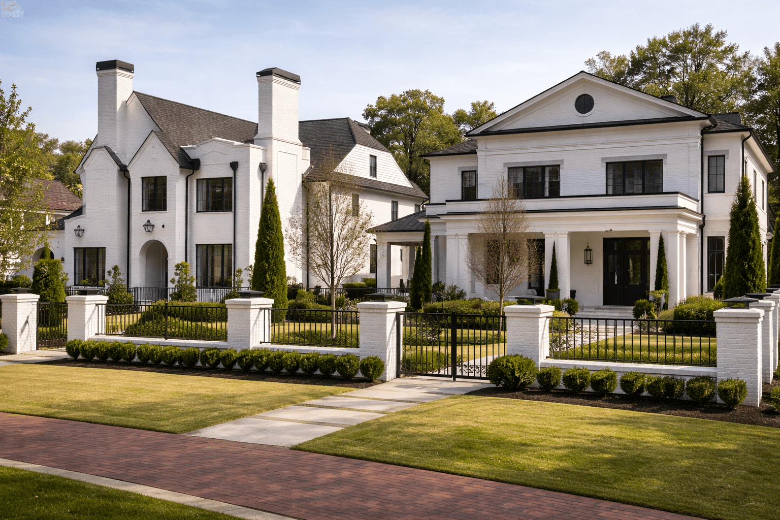 White luxury estate homes in downtown Alpharetta with manicured grounds
