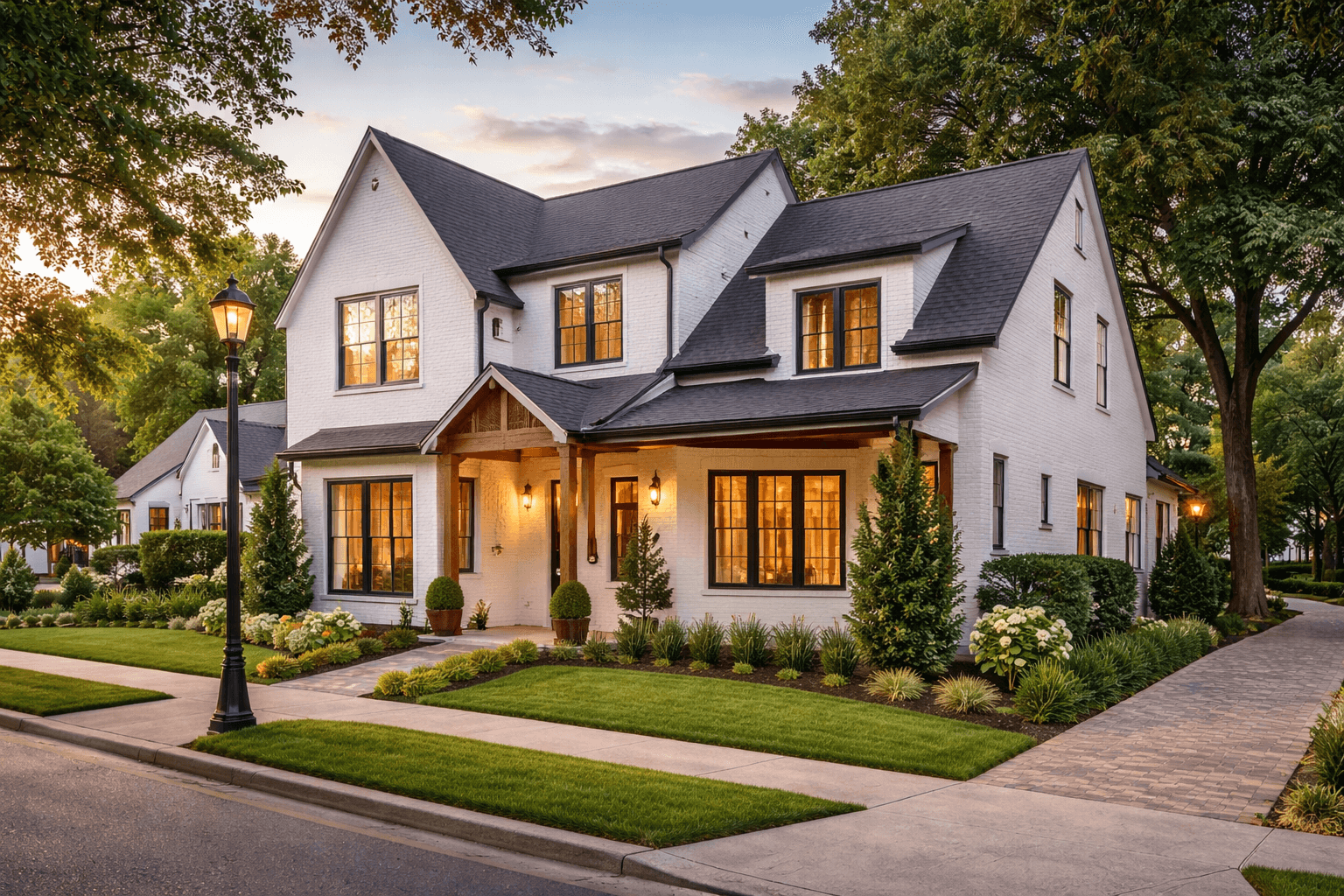 Luxury home in Downtown Alpharetta with manicured grounds and warm evening light