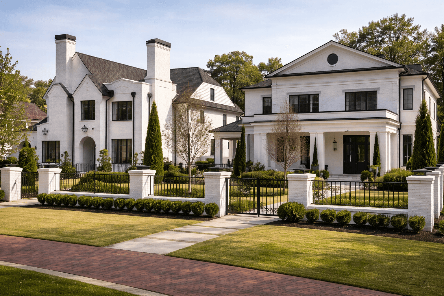 Two white-brick luxury homes side by side behind matching iron fences on a tree-lined Alpharetta street