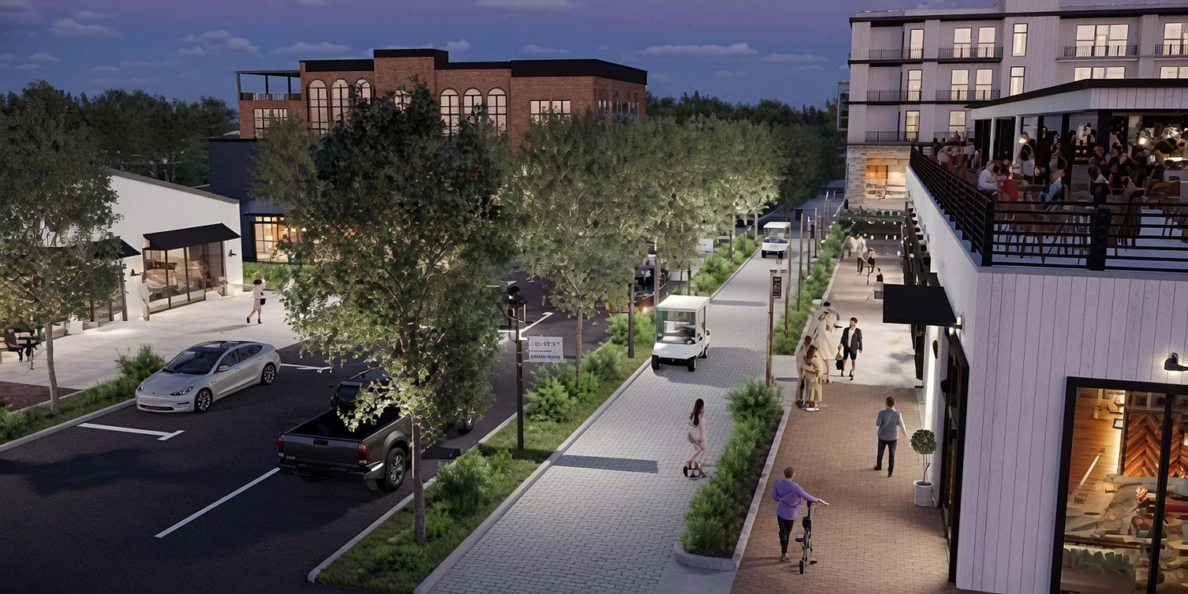 Walkable mixed-use street with shops, dining, and townhomes at dusk in the Destination Deerfield district, Milton GA