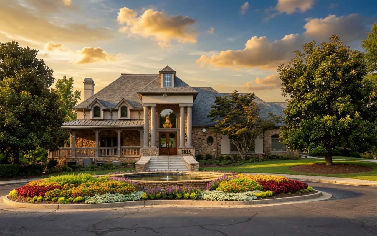 Luxury home and entrance at The Falls of Autry Mill swim/tennis community in Johns Creek, GA