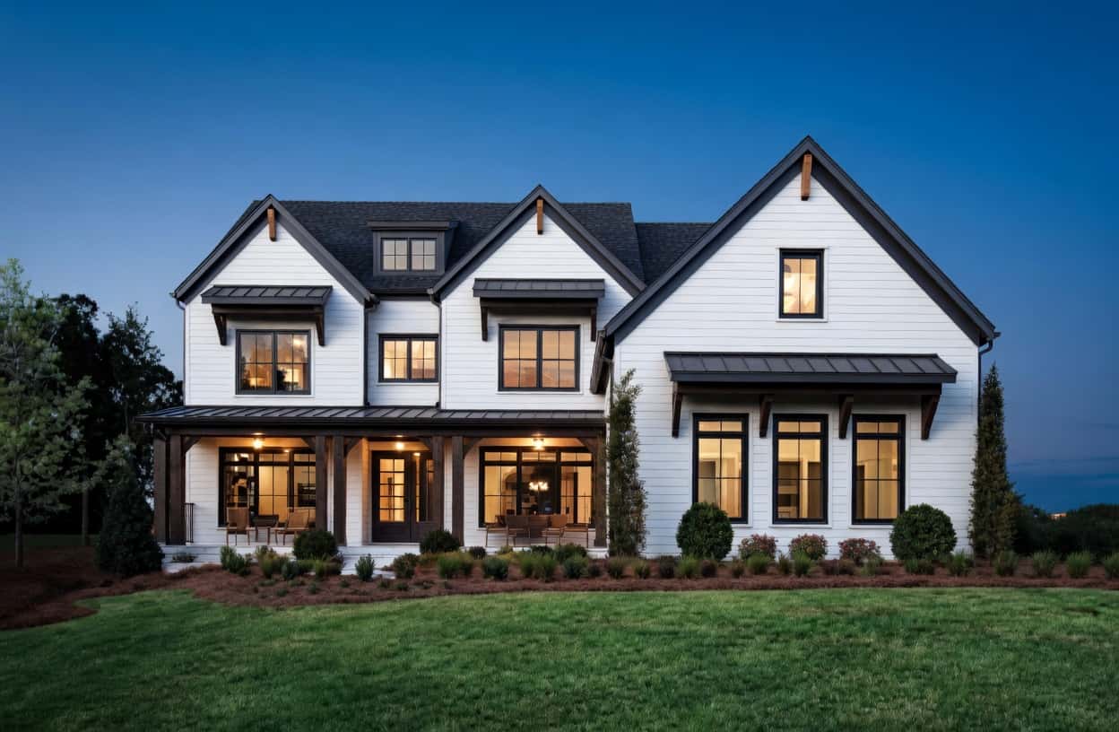 New-construction luxury estate home in Grand Reserve, Roswell, GA at dusk