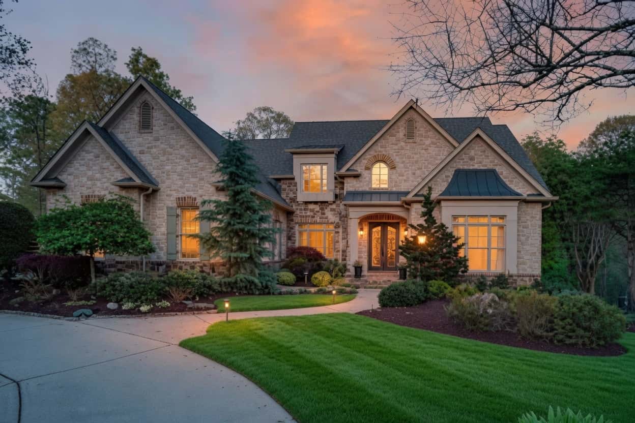 Stone-front luxury estate home in the gated Lakeside at Ansley community in Roswell, GA at dusk