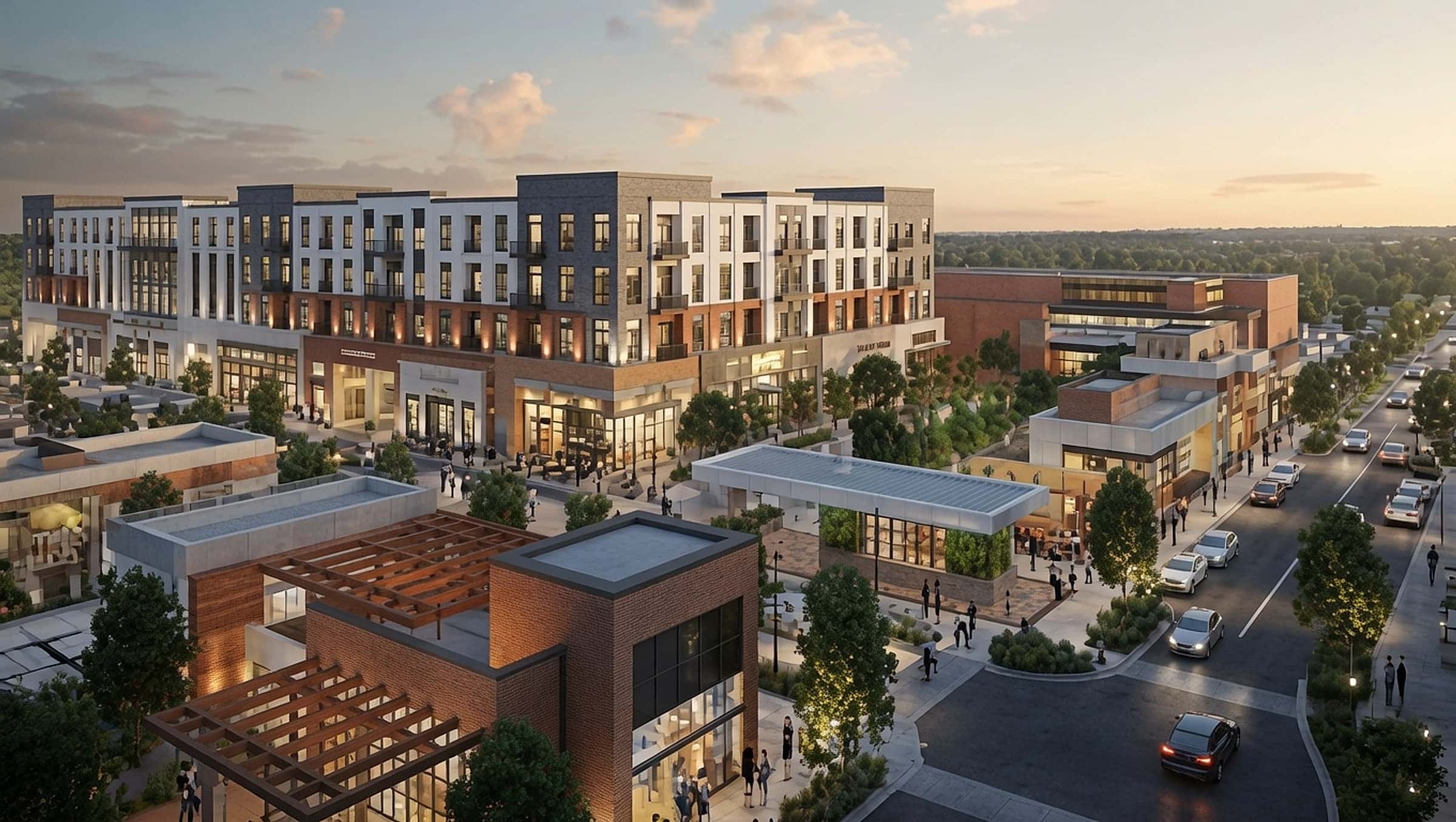 Rendering of the Medley mixed-use district at the Johns Creek Town Center — street-level shops and dining beneath four-story residences at dusk