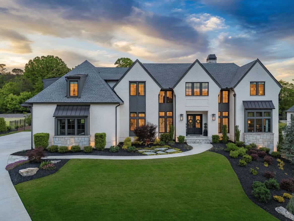 White-brick luxury estate home with a manicured lawn at dusk in Milton, Georgia