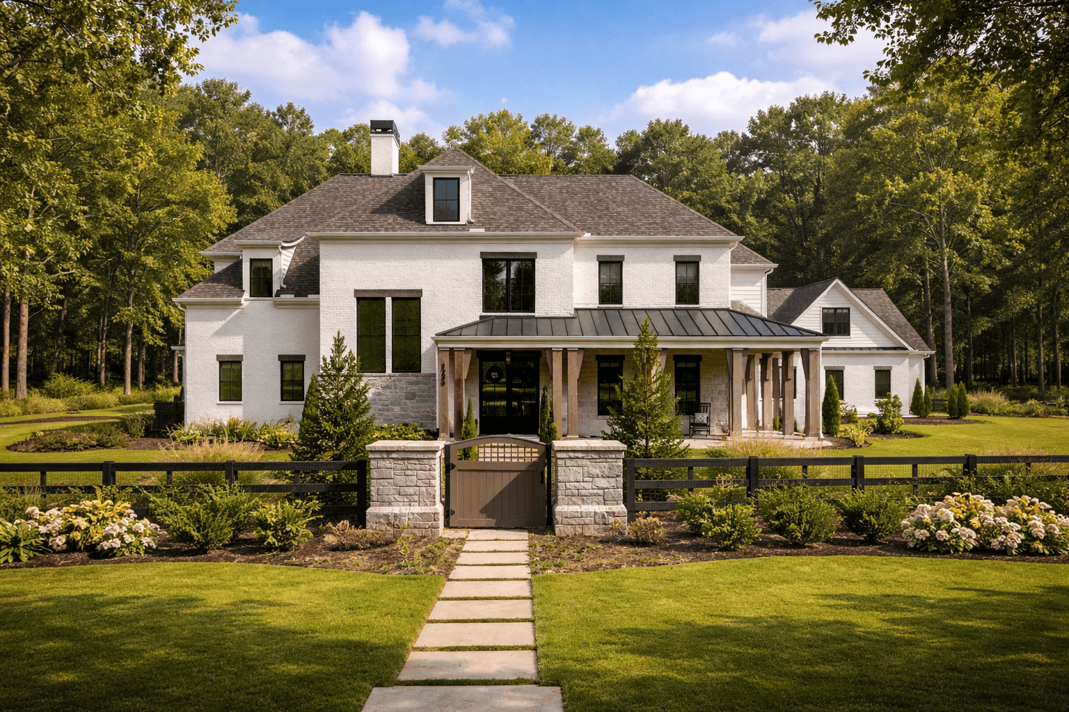 Luxury white-brick estate home on a wooded, fenced lot in North Atlanta