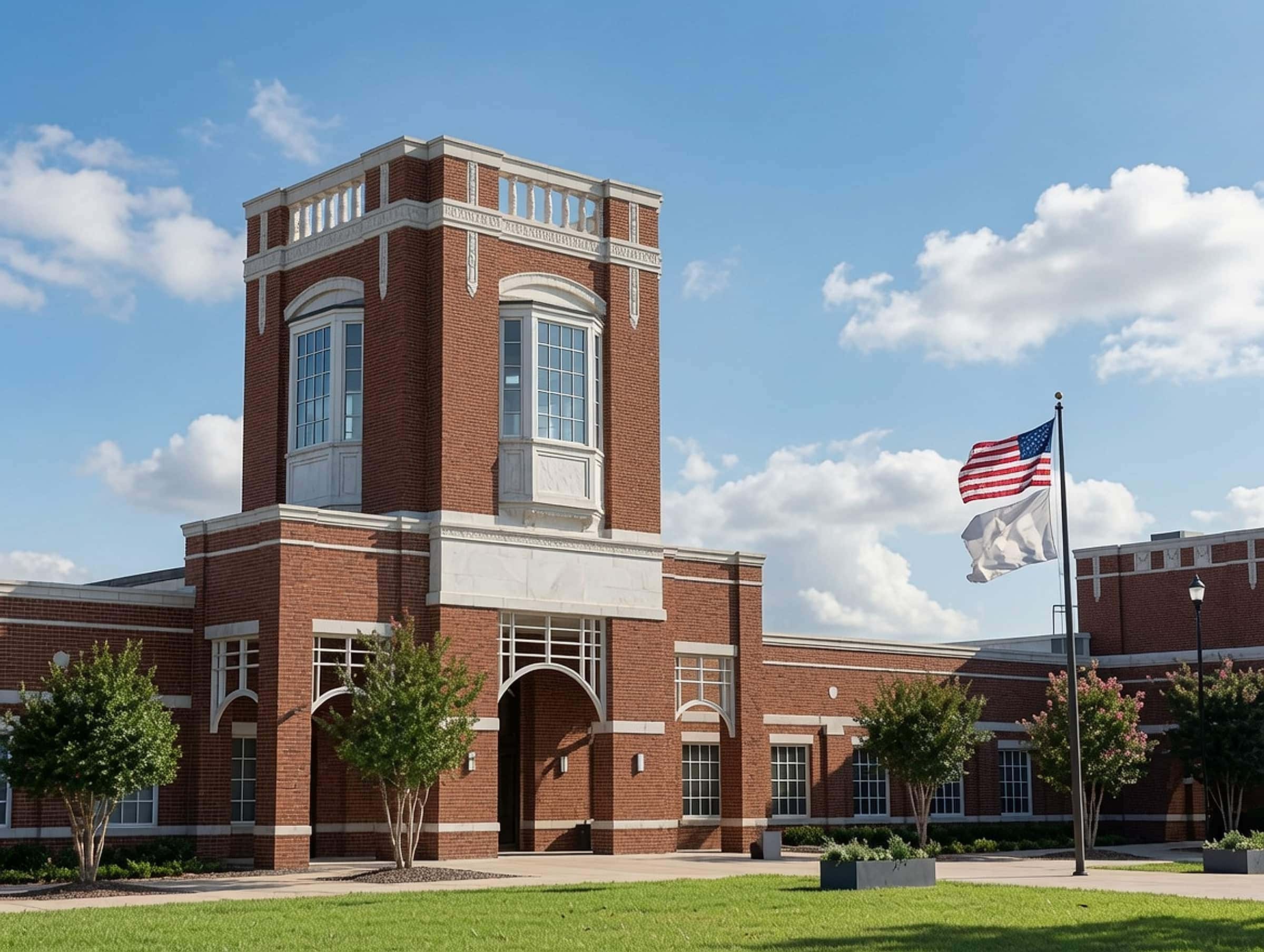 Stately brick high school building with a clock tower and American flag under a blue sky in North Fulton, Georgia