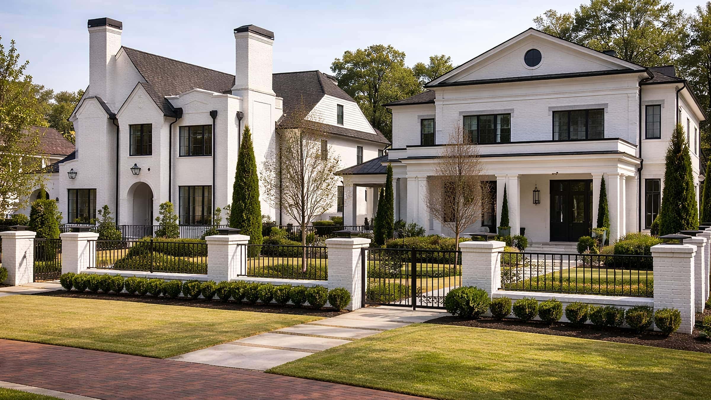 Two newly built white-brick luxury homes with iron fencing and manicured gardens on a tree-lined downtown Alpharetta street