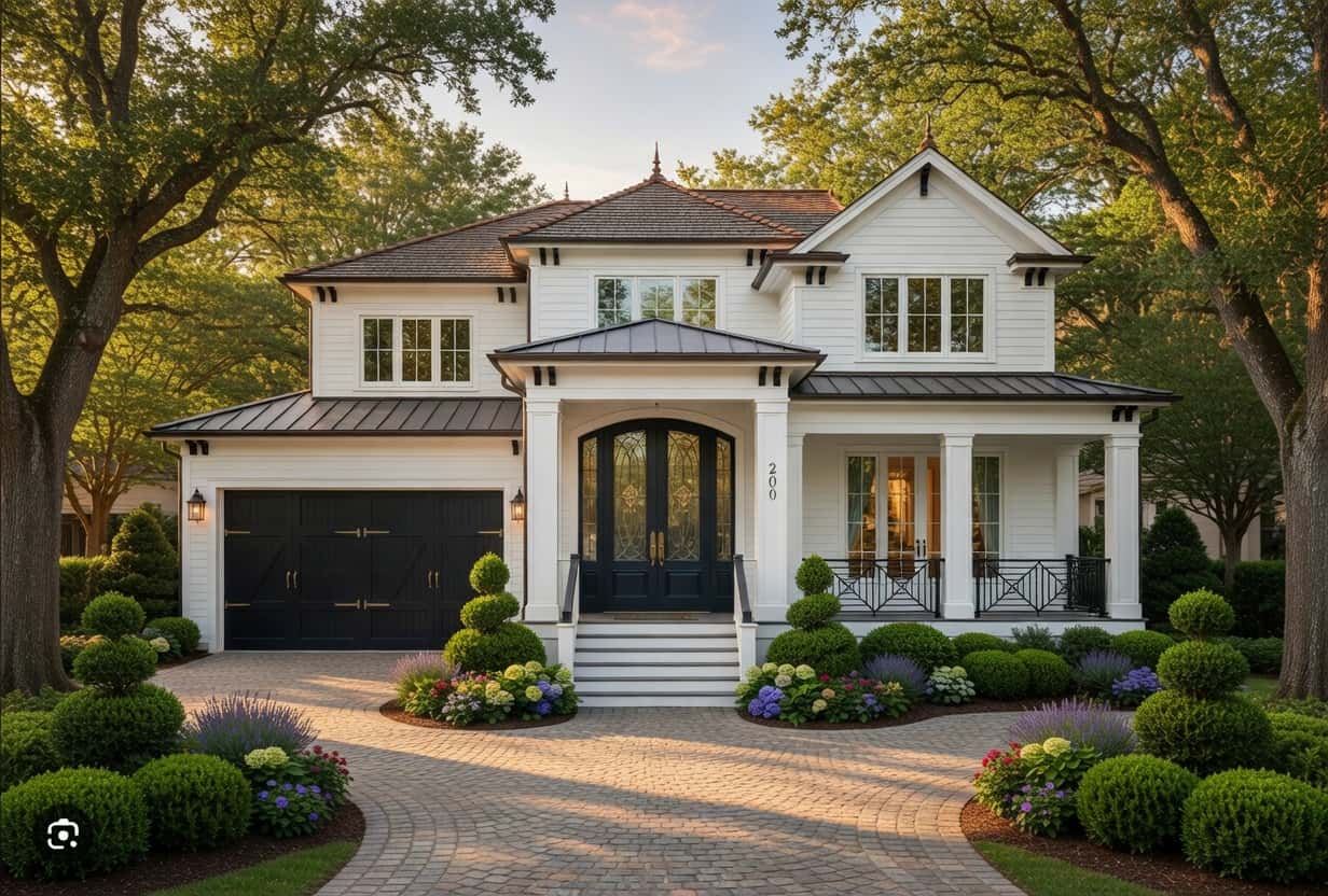 Luxury estate home on a tree-lined street in Roswell, Georgia at golden hour