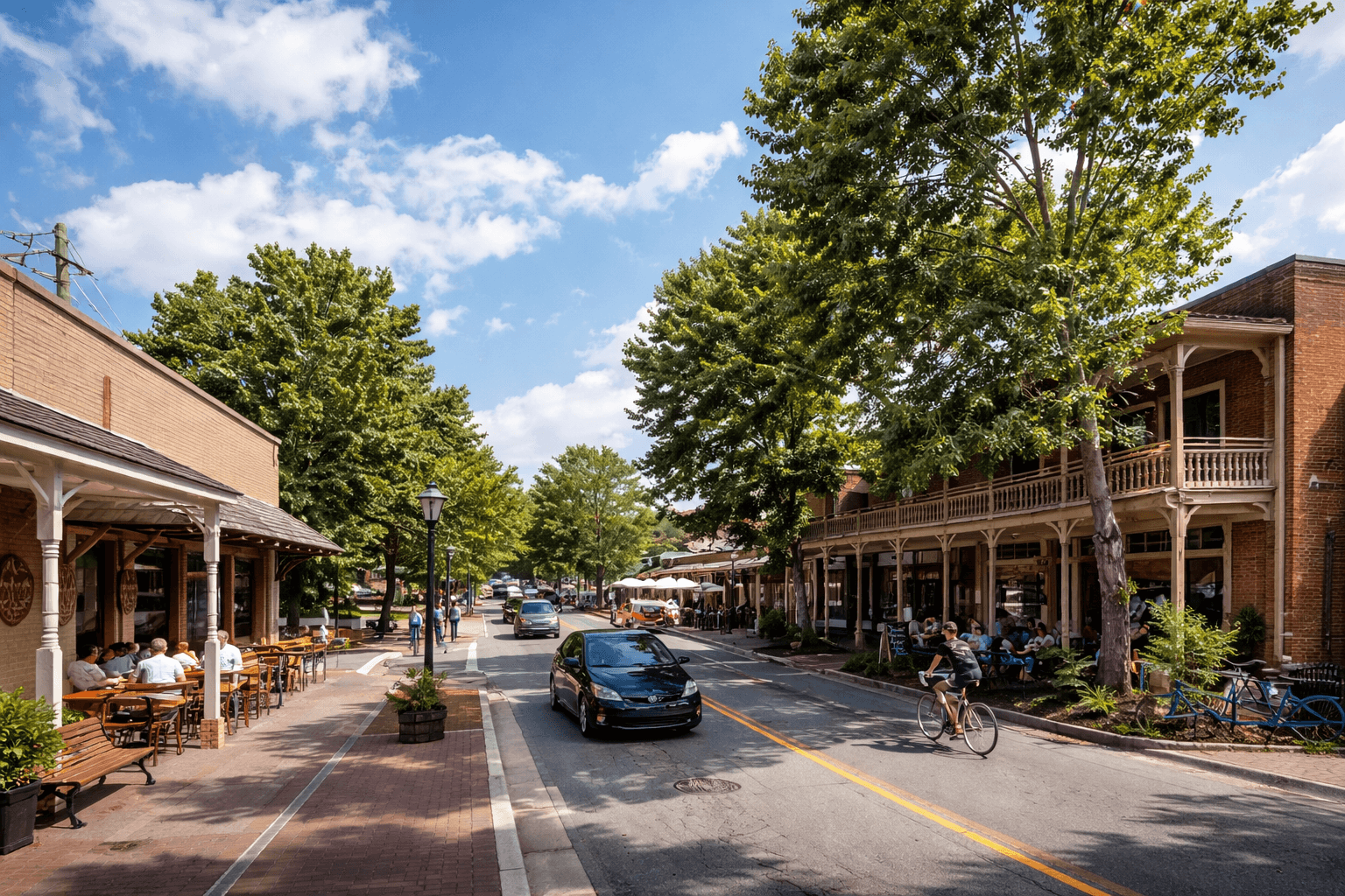Historic Canton Street in Roswell, Georgia — brick storefronts, sidewalk dining and mature shade trees
