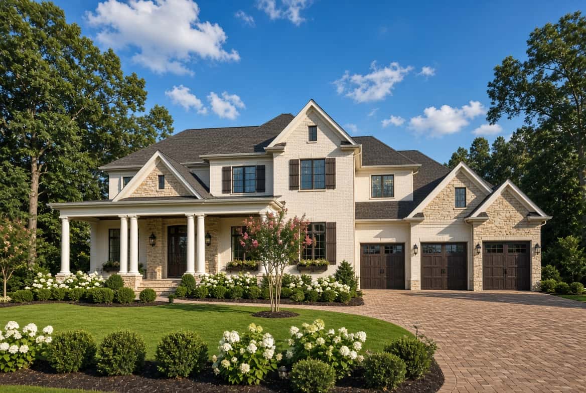 A brick and stone luxury home with a columned porch and manicured landscaping in North Fulton County, Georgia