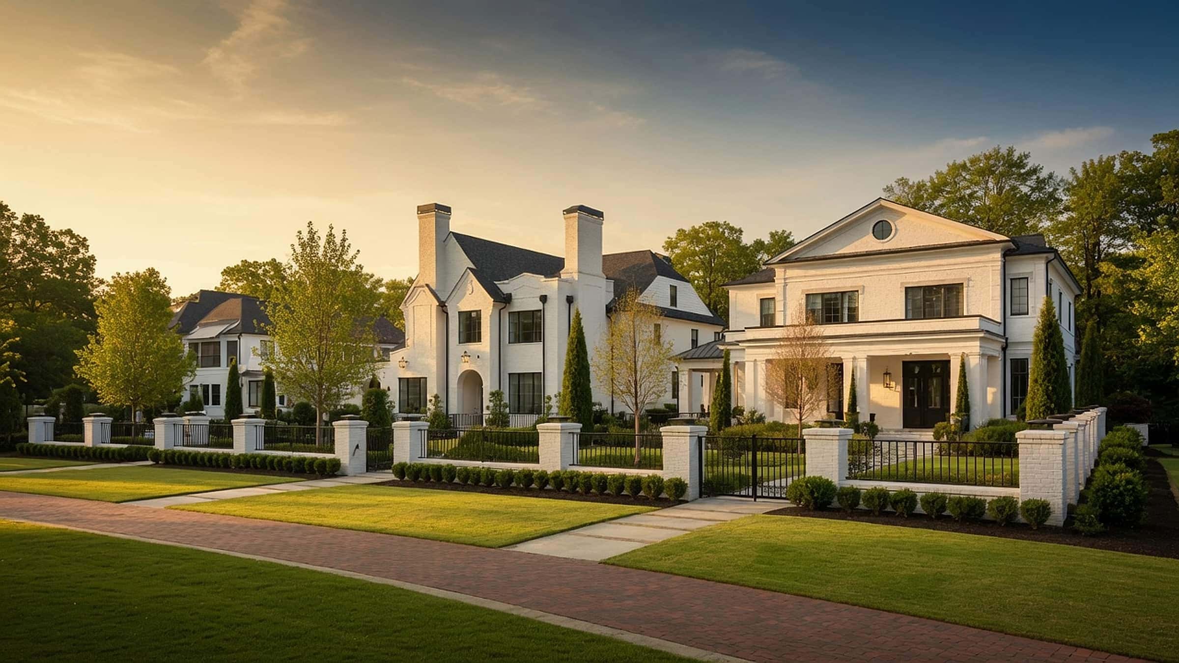 Row of white-brick luxury estate homes at golden hour on a manicured, tree-lined North Atlanta street