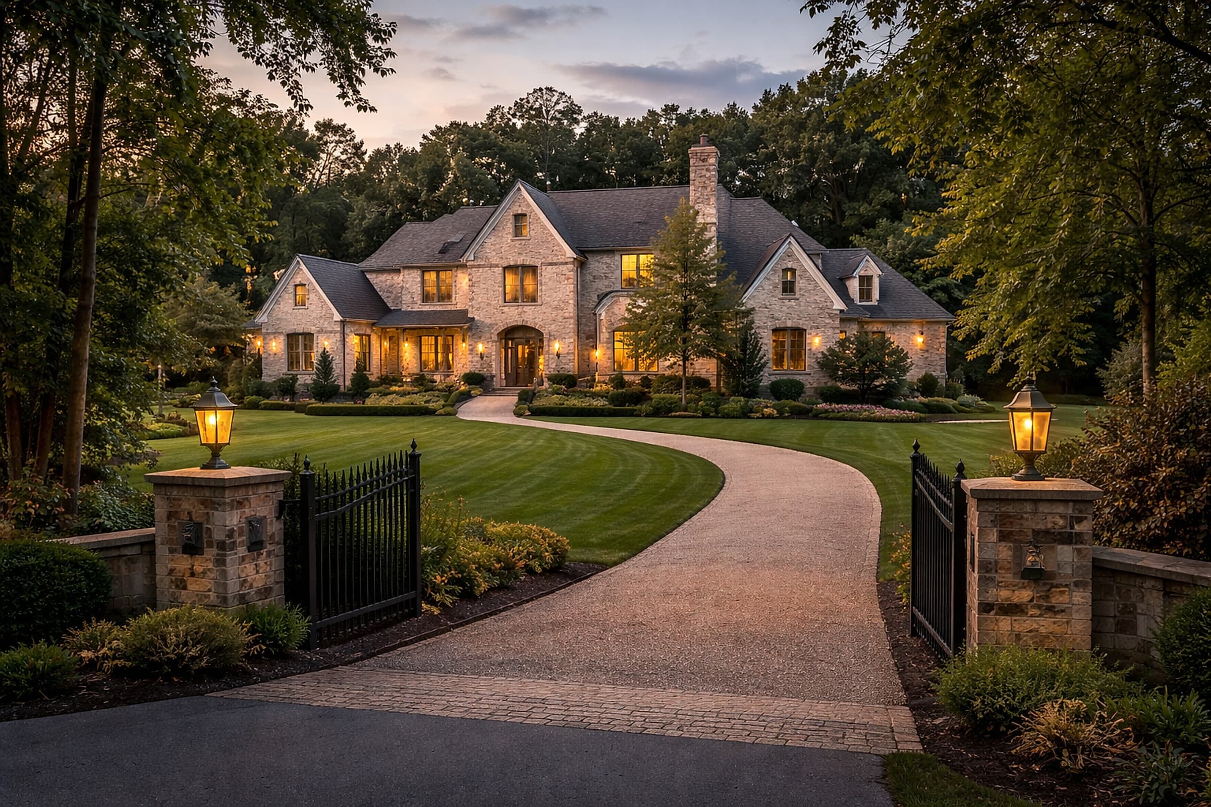 A Milton stone-and-shingle luxury estate on manicured grounds at twilight