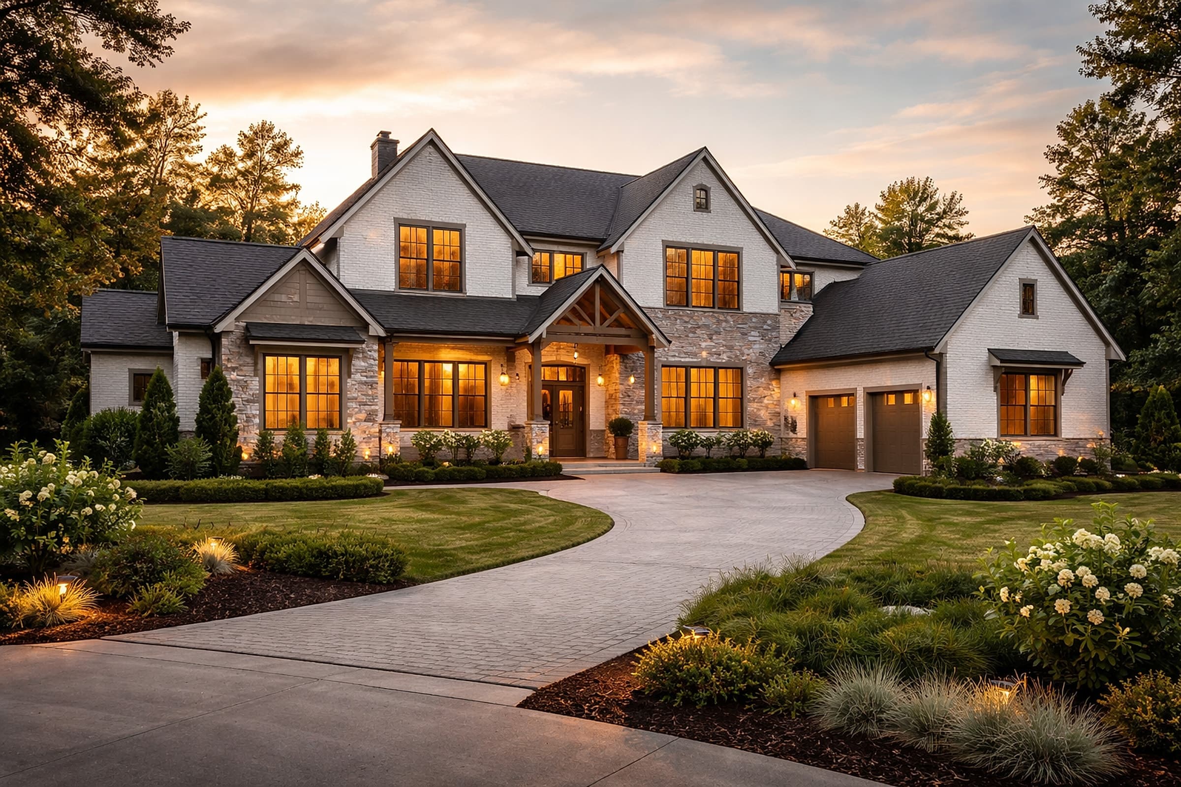 Custom luxury home at dusk on a walkable, landscaped North Fulton street