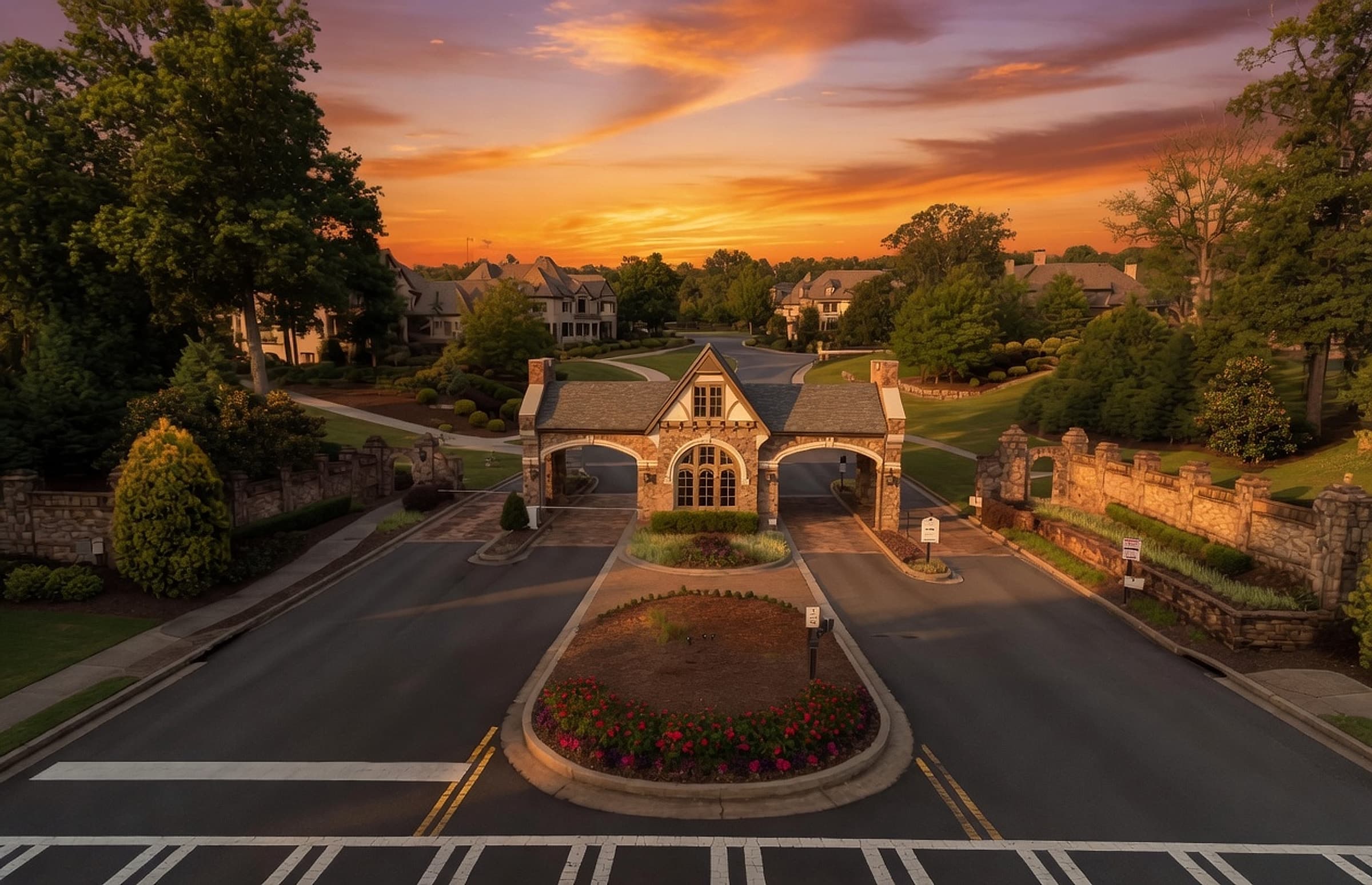 A private North Atlanta luxury estate framed by mature trees at dusk