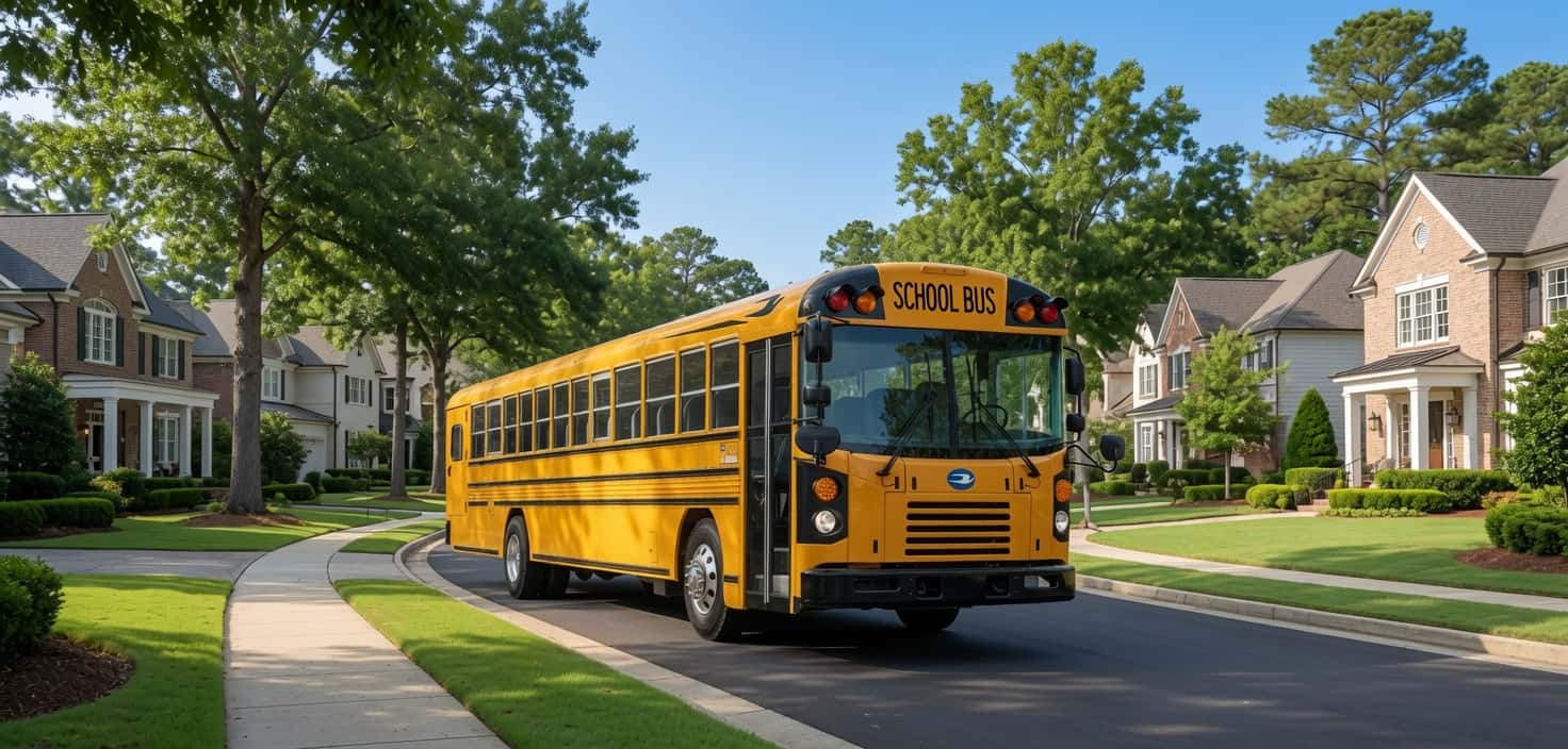 A yellow school bus on a quiet residential street lined with brick and stucco homes in North Fulton County, Georgia, on a clear morning
