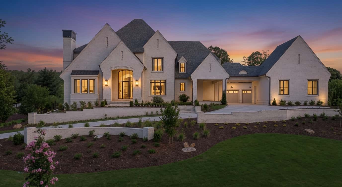 A white-brick luxury estate at twilight with warm window light, manicured landscaping, and summer crepe-myrtle blooms in North Fulton, Georgia
