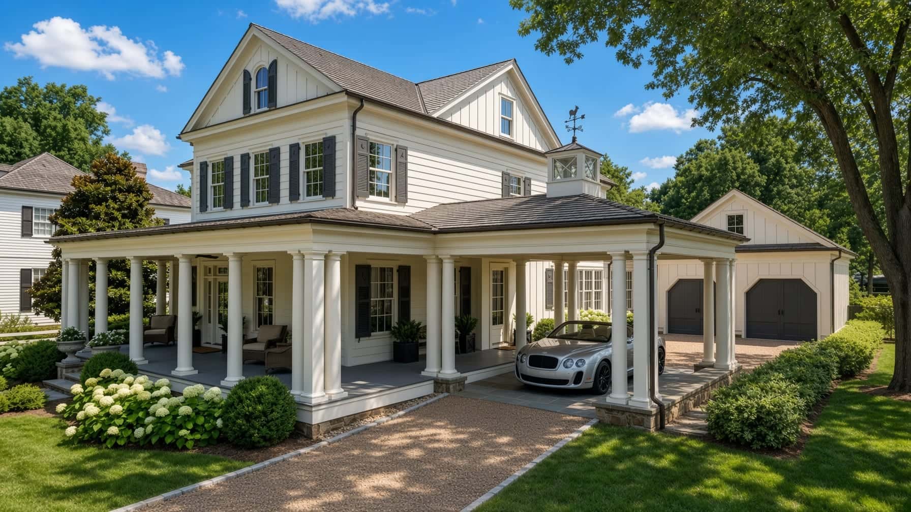 A classically proportioned white clapboard home with a deep columned porch, dark shutters and a cupola above the covered drive