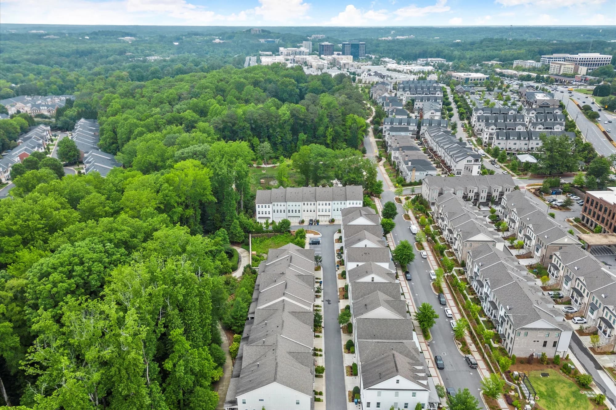 Aerial view of the Midwick townhome community along the Alpha Loop in downtown Alpharetta.