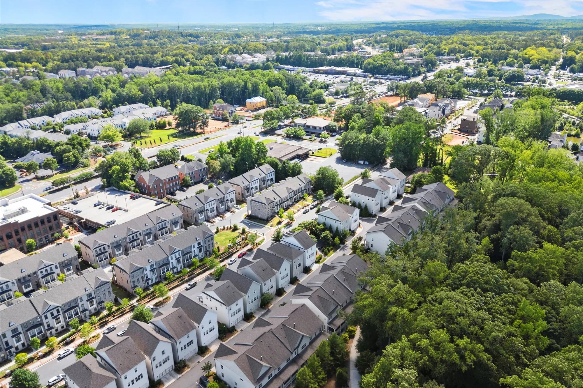 Aerial view of the Banbury Crossing neighborhood near downtown Alpharetta and Avalon.