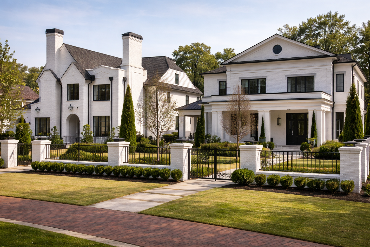 Two white-brick luxury homes side by side behind matching iron fences on a tree-lined Alpharetta street