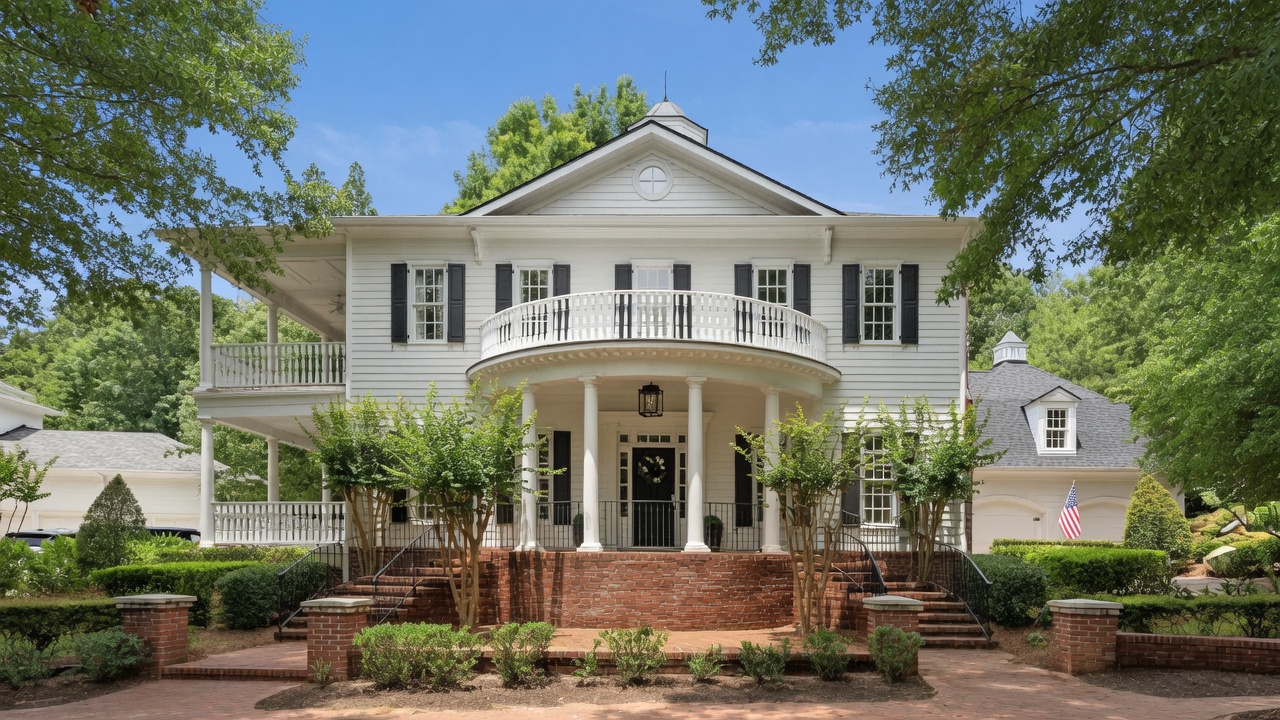 Columned white Southern-Colonial estate home with a curved portico balcony and wraparound porch in Ellard, Alpharetta, Georgia