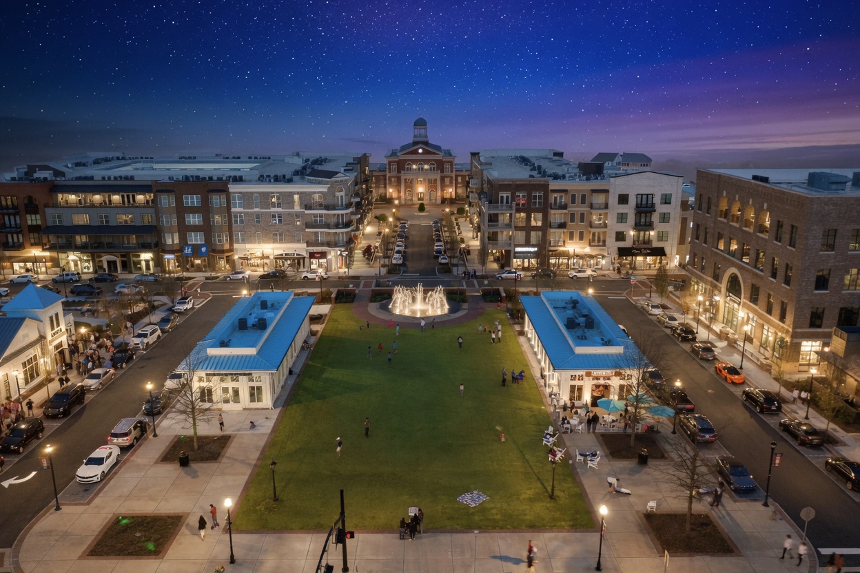 Aerial view of a walkable town-center green with fountain and string-lit dining in Alpharetta, Georgia at dusk