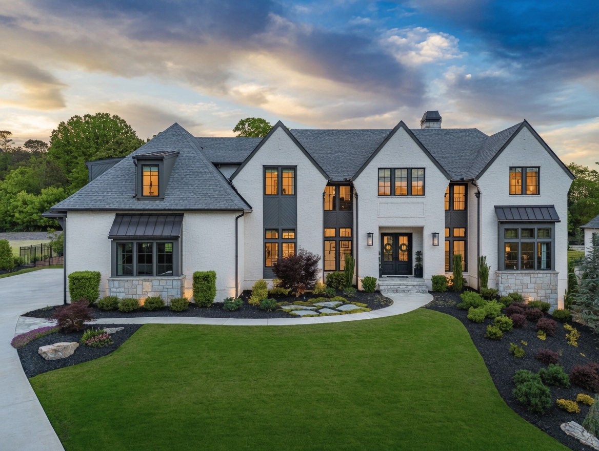 White-brick luxury estate home with a manicured lawn at dusk in Milton, Georgia
