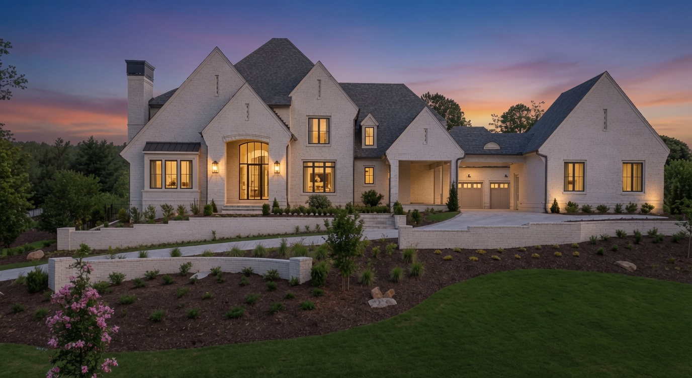 A white-brick luxury estate at twilight with warm window light and summer landscaping in North Fulton, Georgia